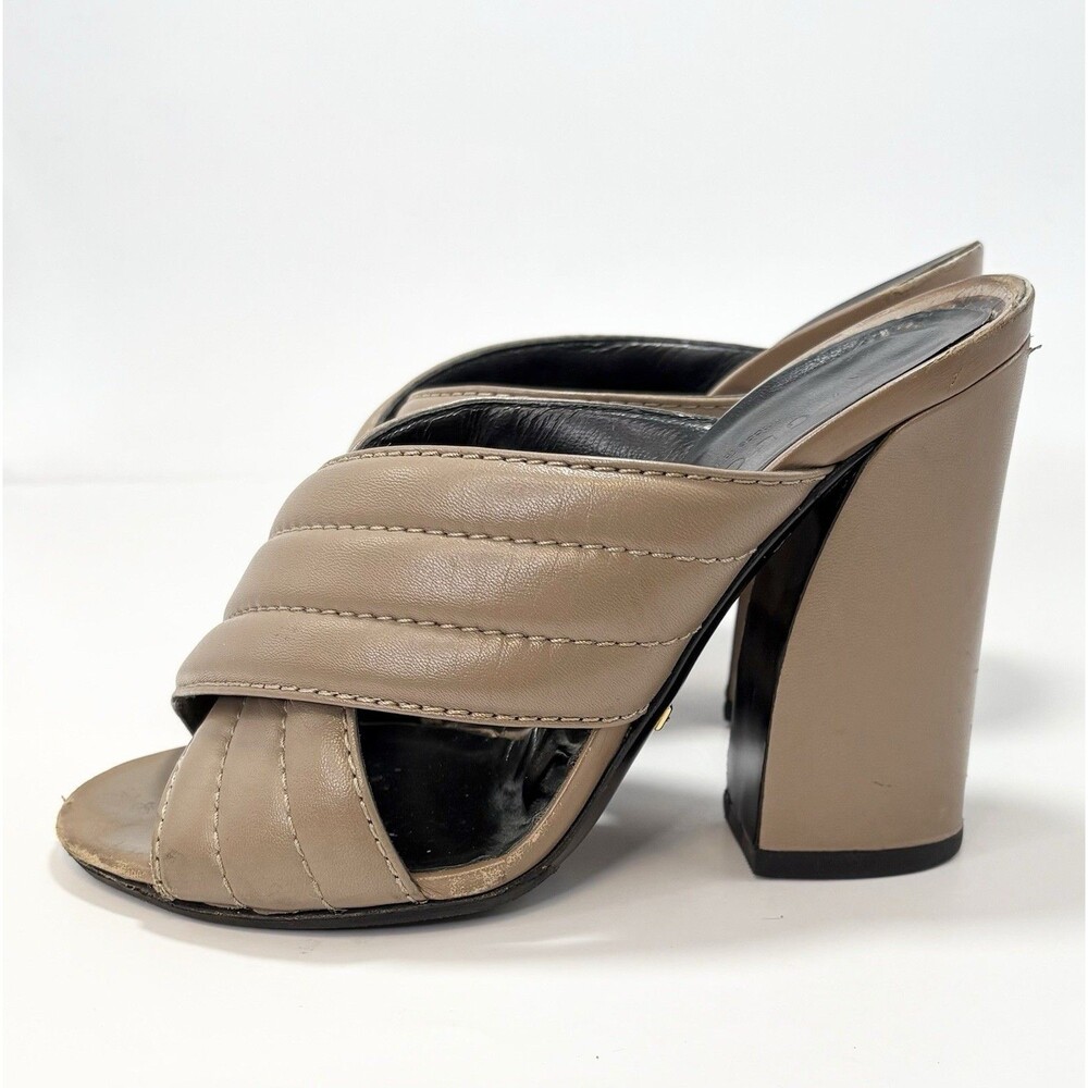 Gucci Block Heels Brown Quilted Leather Open Toe Slides Kid Mules Sz EU 35 5 - Picture 2 of 11
